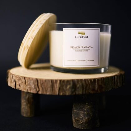 Peach Papaya Natural Soy Wax Candle 350g by Le Ciel Vert – tropical fruity soy candle in glass jar